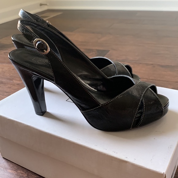 LOFT Christina Black Leather Platform Peep Toe Slingback Heels Size 6.5 - Picture 5 of 16
